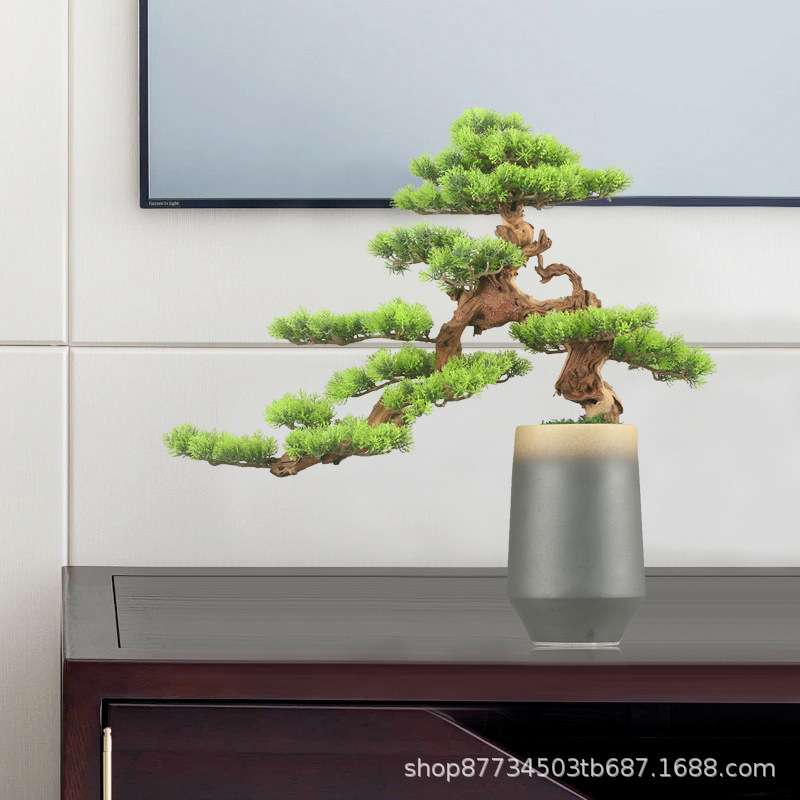 仿真新中式迎客松盆景摆件家居客厅博古架创意造景实木绿植装饰品