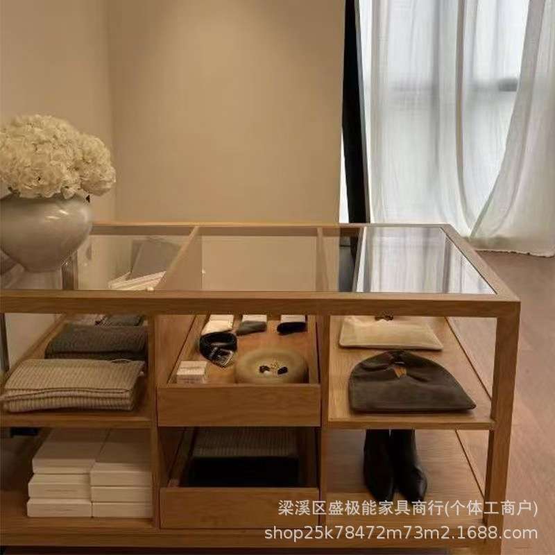 SJN网红实木中岛柜服装店流水台置物架饰品陈列摆台胡桃色展示架