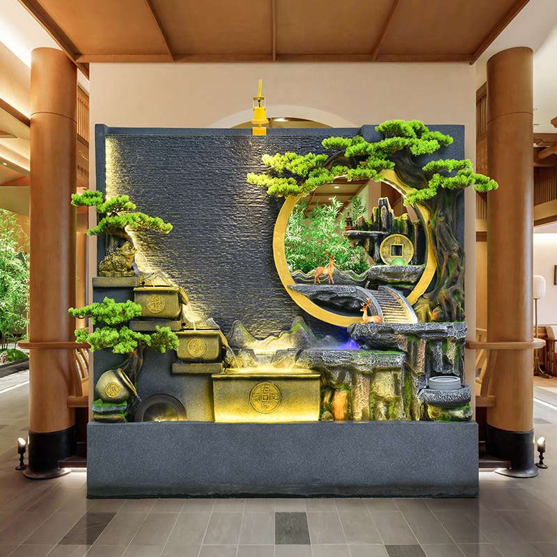 创意新中式水幕墙鱼池假山循环流水造景庭院客厅酒店屏风落地摆件