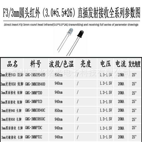 厂家供应  F3/3mm发射850 长脚 LED发光二极管  圆头红外发射灯珠