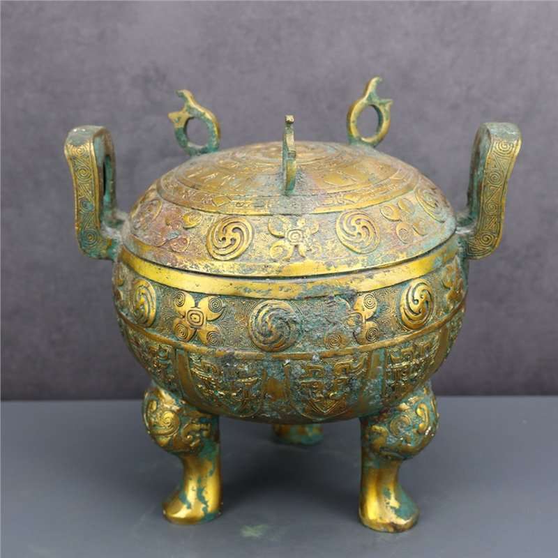 铜艺摆件 古做旧 战国错金团花流鼎 古董收藏品制作