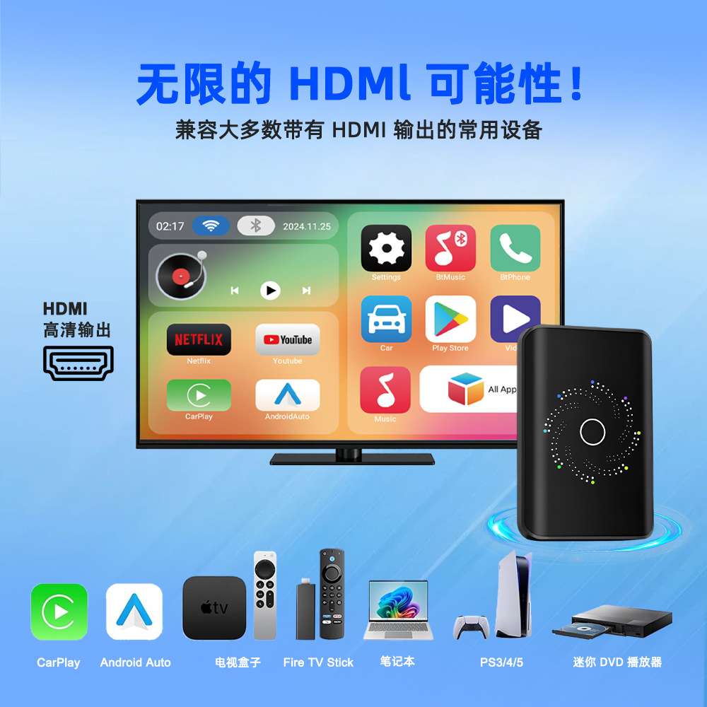 跨境爆款carplay有线转无线盒子安卓导航投屏HDMI播放车载互联盒