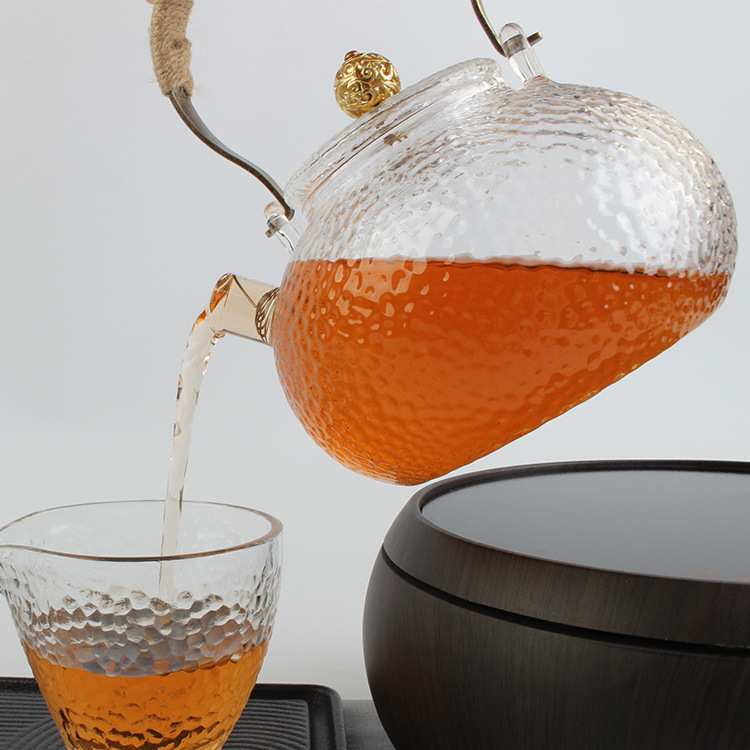 锤纹提梁煮茶玻璃壶泡茶壶 日式锤目纹玻璃茶具茶壶 电陶炉煮茶壶