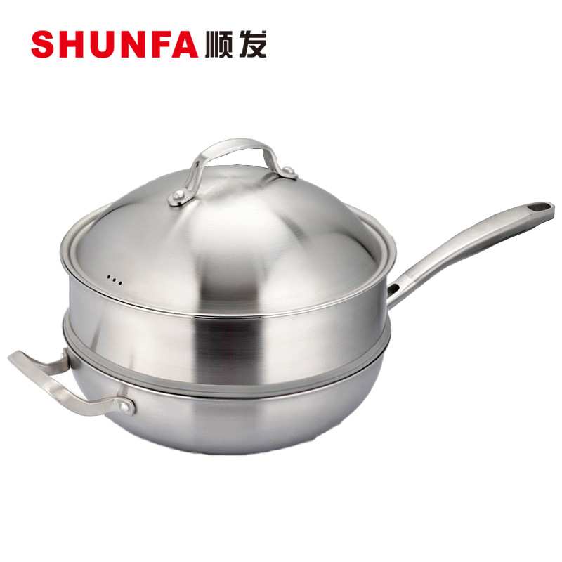 顺发乐享三层复合钢炒锅带蒸笼蒸炒锅多用无涂层加厚物理不沾锅