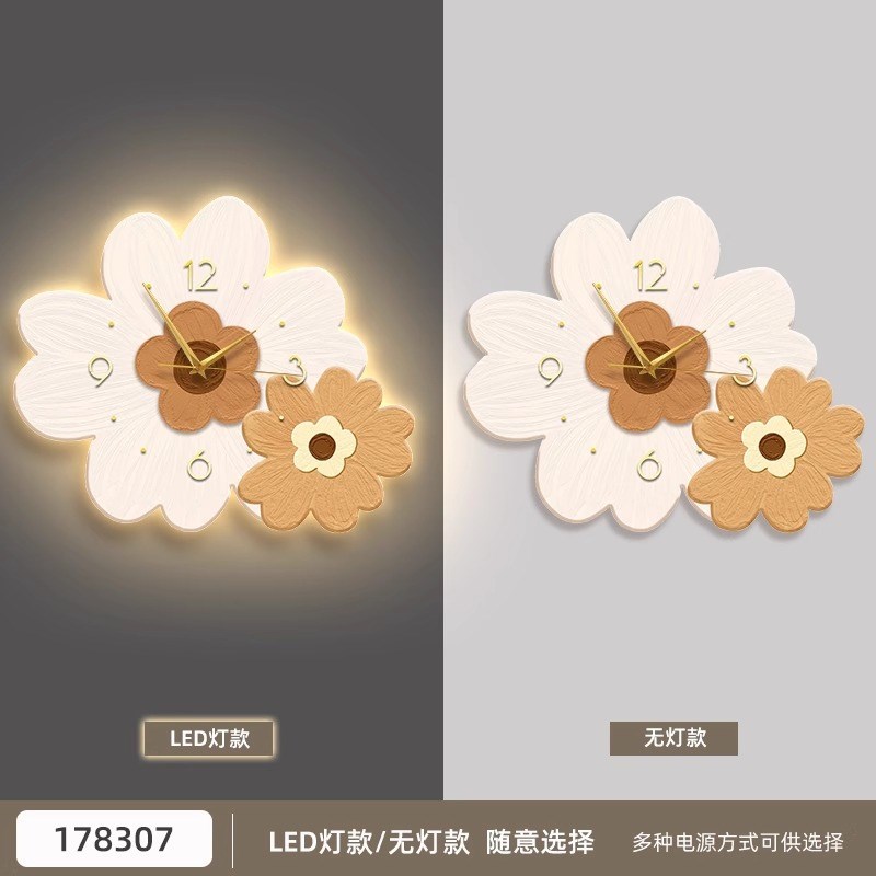 小清新客厅钟表装饰画led发光画壁灯奶油风餐厅时U钟挂墙花卉挂钟
