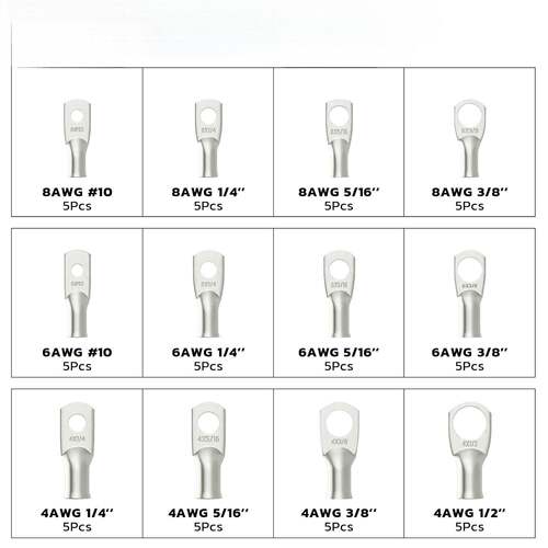 60PCS 锡制电池端子凸耳套件,AWG 8 6 4 重型铜线接线片