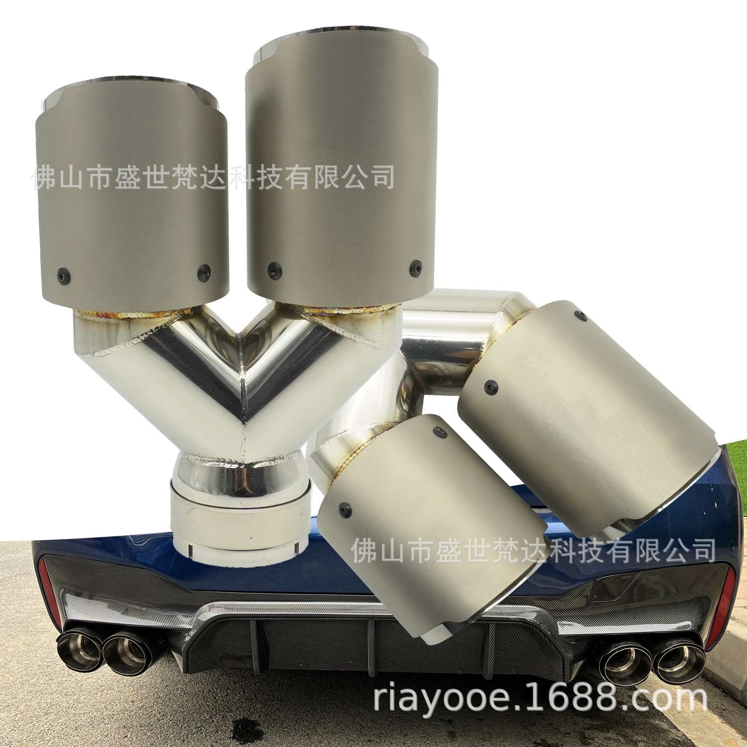 一出二汽车尾喉双管消声器排气管改装不锈钢喉箍304斜口双层烤蓝