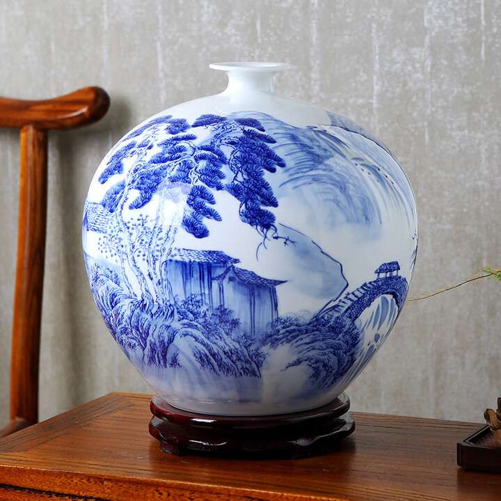 景德镇师傅手绘青花溪山秋晴花瓶 陶瓷器摆件小号青花瓷瓶子 爆款