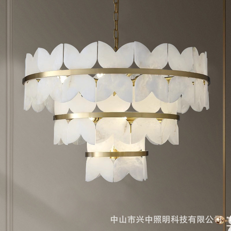 后现代简约客厅云石吊灯别墅复式楼LOFT餐厅铜灯全铜轻奢卧室灯具