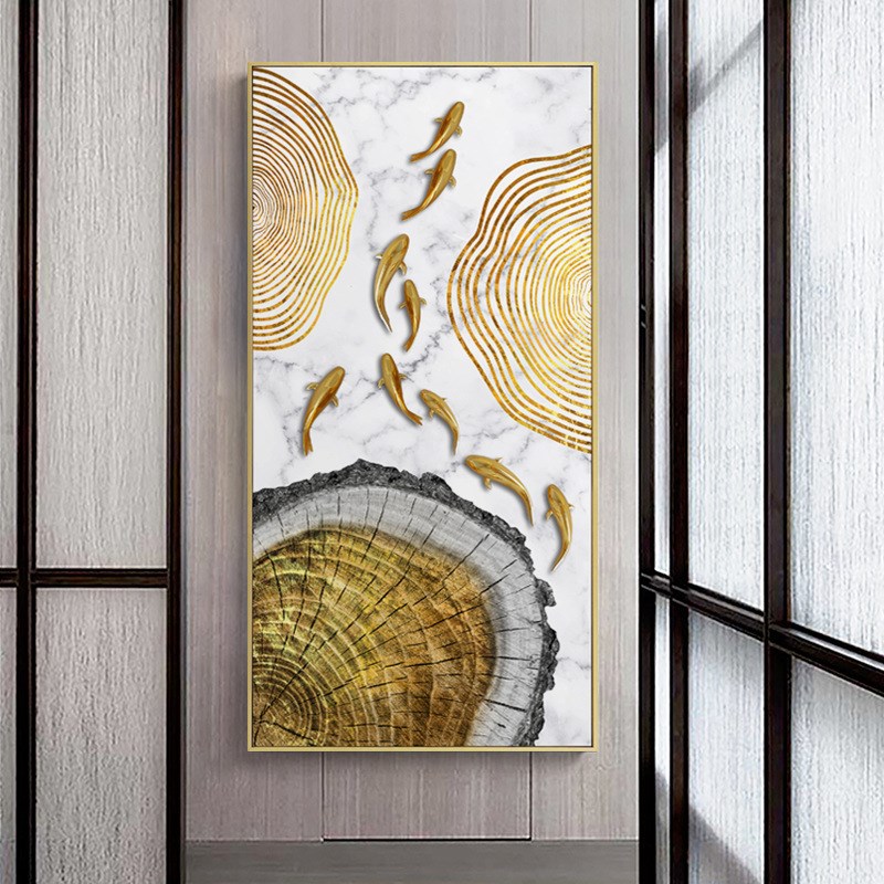 新中式玄关装饰画竖版挂画九鱼图风水招财X蓝色轻奢壁画