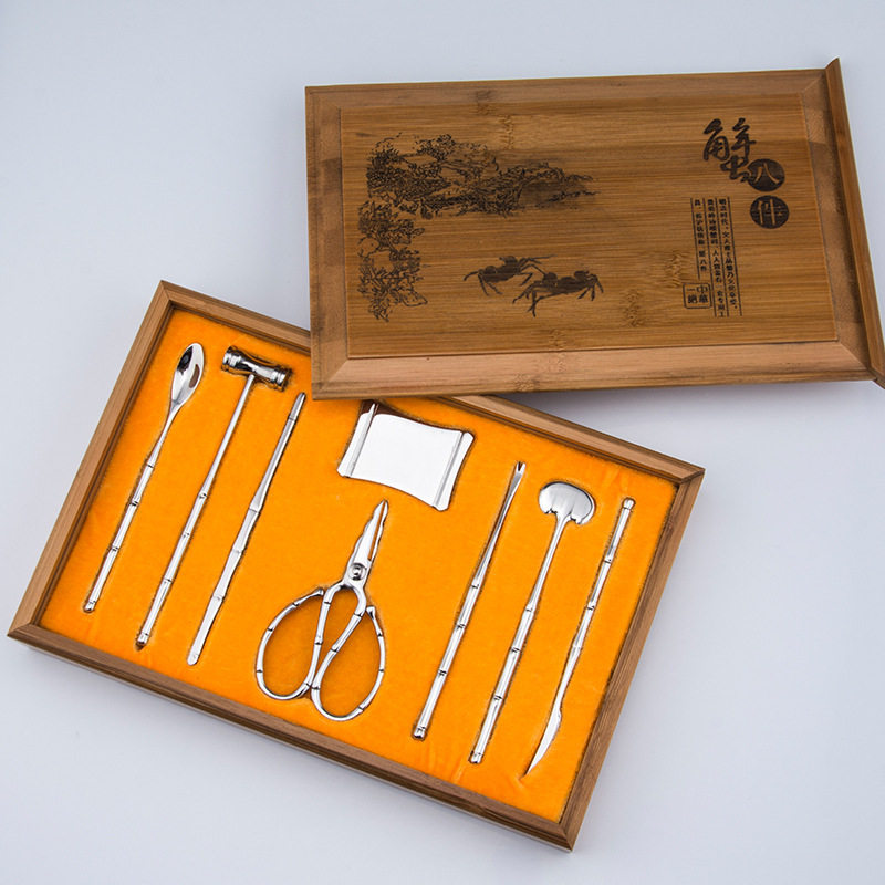 吃蟹工具八件套装蟹钳蟹剪蟹针蟹叉竹节扬州蟹八件不锈钢拆蟹专用
