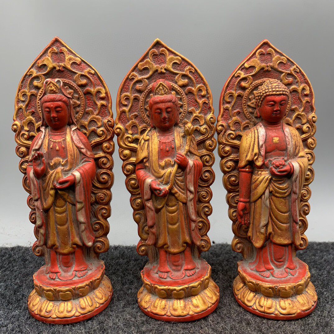 古玩收藏仿寿山石雕朱砂描金92西方三圣摆件(一套)客厅装饰