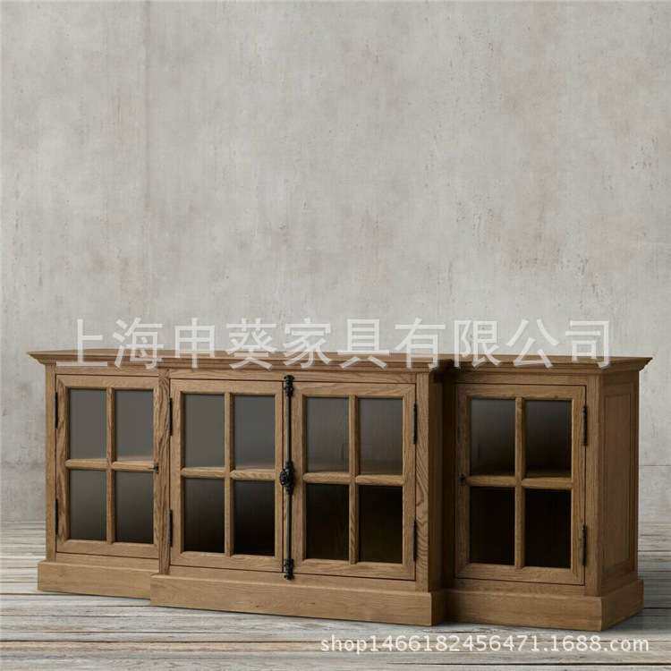 美式乡村实木玻璃门视听柜经典橡木做旧电视柜法式复古客厅家具