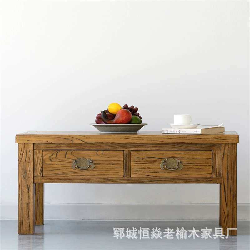 做旧老榆木茶桌正方形抽屉泡茶台客厅小矮桌吃饭餐桌卧室飘窗桌
