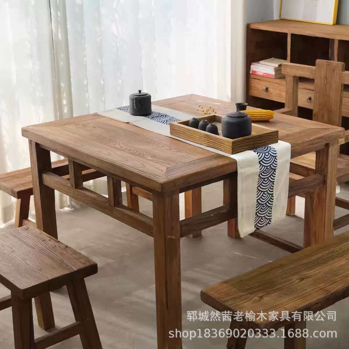 厂家 老榆木餐桌商用实木火锅烧烤桌椅家用四方八仙桌餐馆饭桌