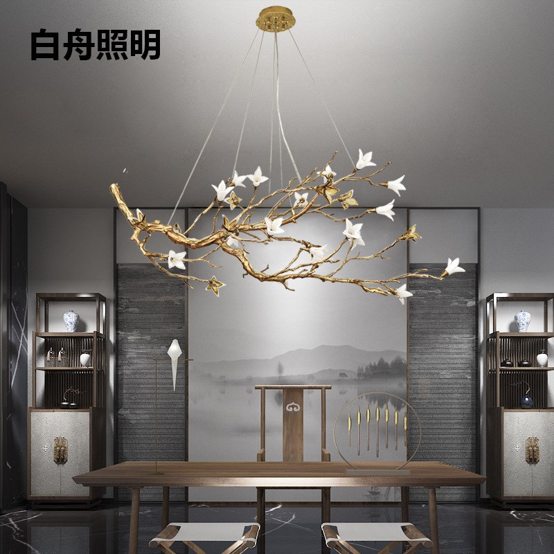 创意个性卧室客厅灯新中式全铜花朵D水晶吊灯书桌茶室会客厅树枝