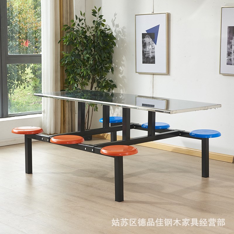 六人位连体快餐j桌椅食堂餐桌企业餐厅餐桌椅不锈钢餐桌圆凳面餐