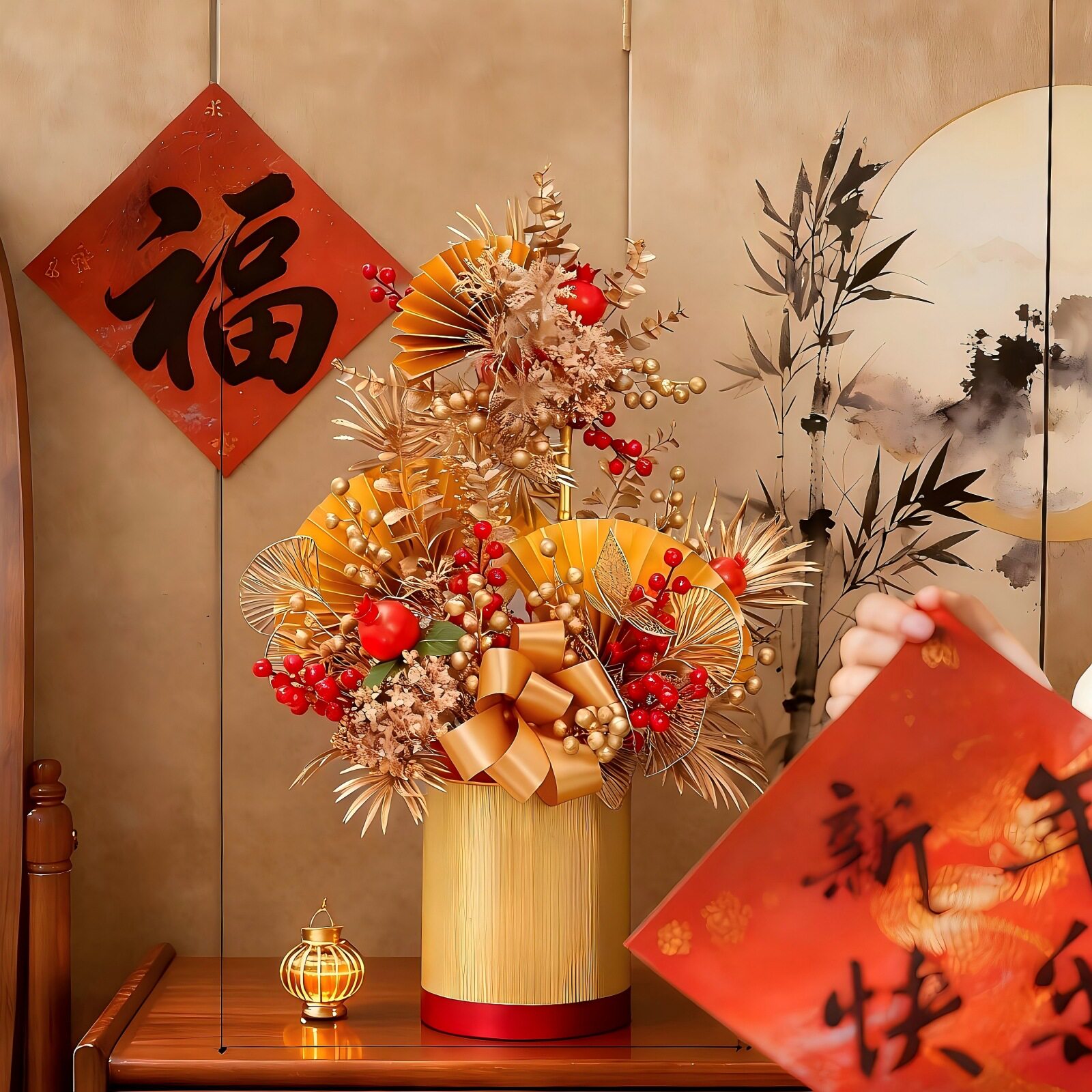 新年发财果仿真花福桶红色花艺年宵花春节客厅玄关装饰春节摆件