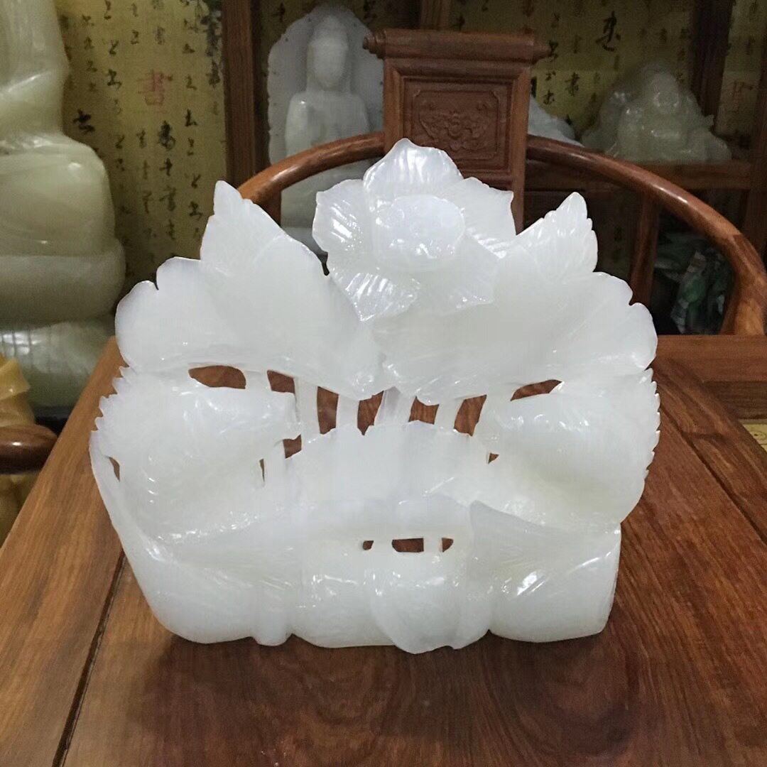 真玉阿富汗玉白玉莲花鲤鱼摆件镂空雕刻手工家居工艺品