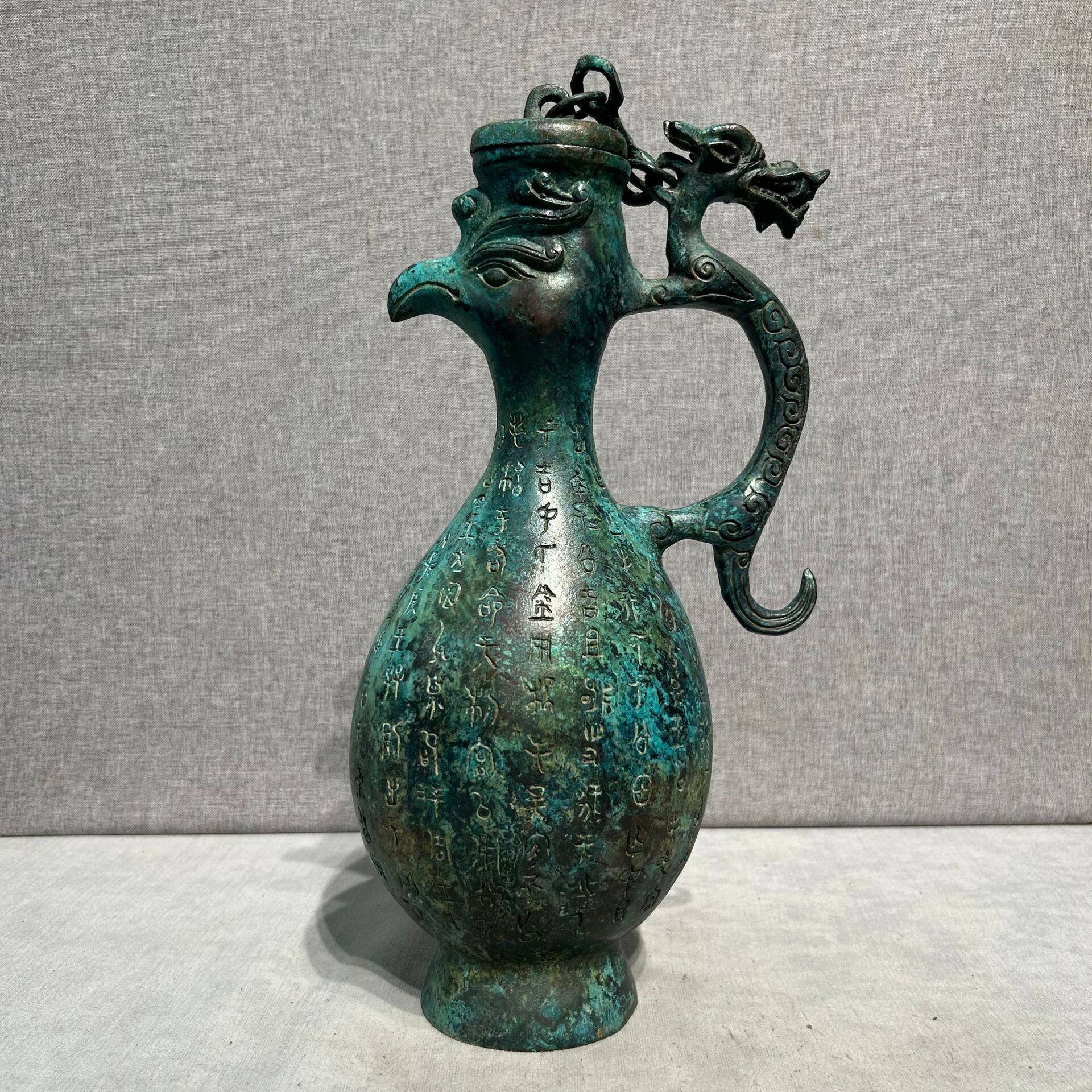 龙凤壶仿古青铜器工艺品老铜壶带铭文仿古酒壶摆件古玩收藏批发