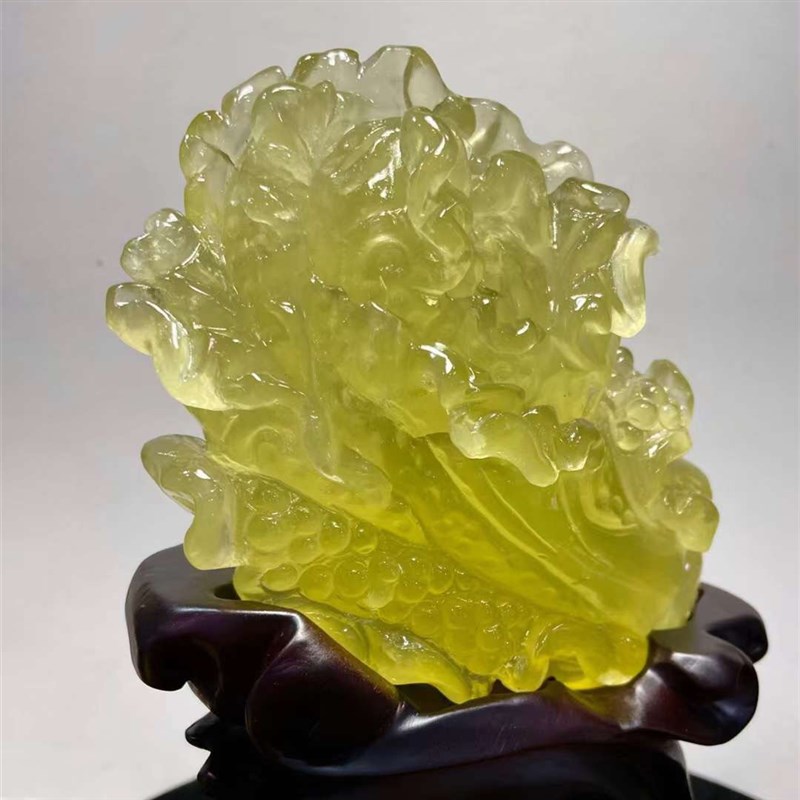 天然巴西c黄水晶裸石精雕白菜百财黄水晶 水晶原石摆件
