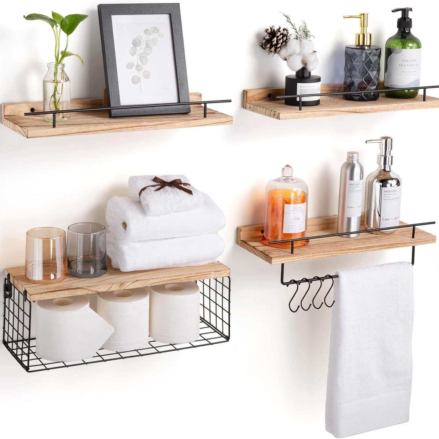 北欧风浴室实木置物架组合 铁艺壁挂隔板浮动架Floating Shelves