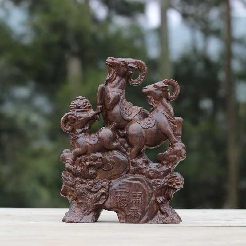 雕刻越南沉香木木雕摆件生肖羊三羊开泰家居工艺品摆件厂家直供