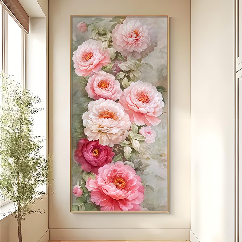 牡丹花手绘油画入户玄关装饰画正对门挂画花开富贵走廊过道挂画