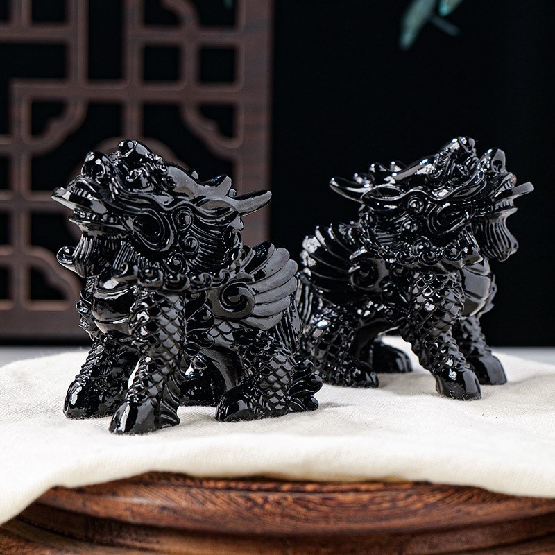 黑曜石麒麟摆g件 水晶原石雕刻家居办公风水摆件 水晶工艺品