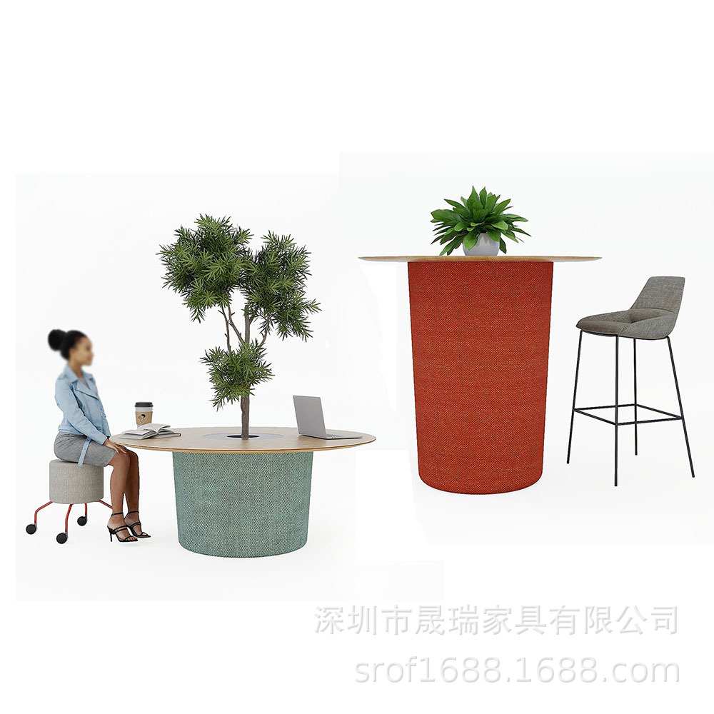 圆形高脚绿植会议桌现代办公休闲区接待会客洽谈桌时尚吧台椅组合