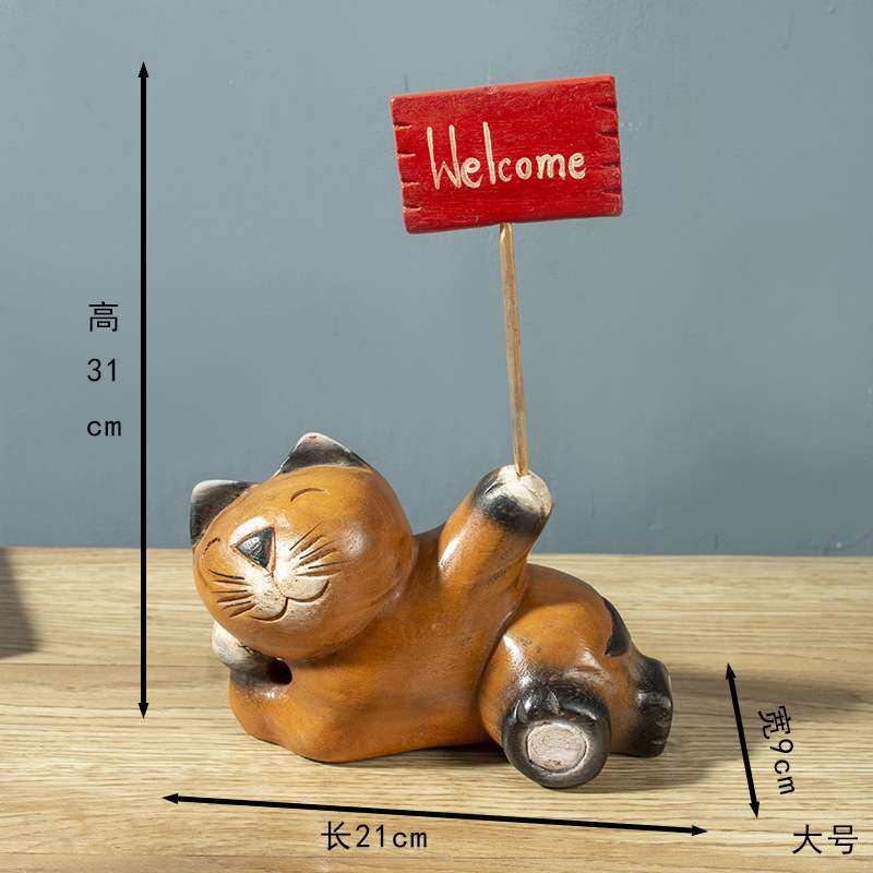泰国实木客厅桌面装饰品 木制小猫摆件多宝阁木雕小猫咪家居摆设