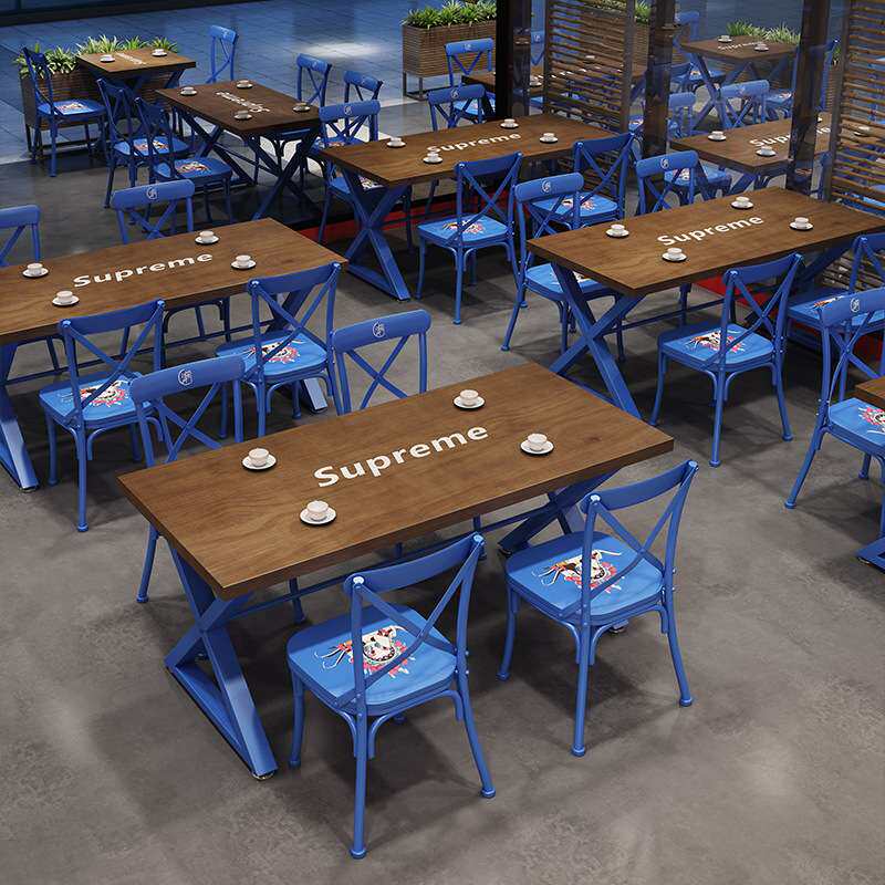 烧烤火锅店实木餐桌工业风餐厅长方形铁艺咖啡厅奶茶店桌椅组合