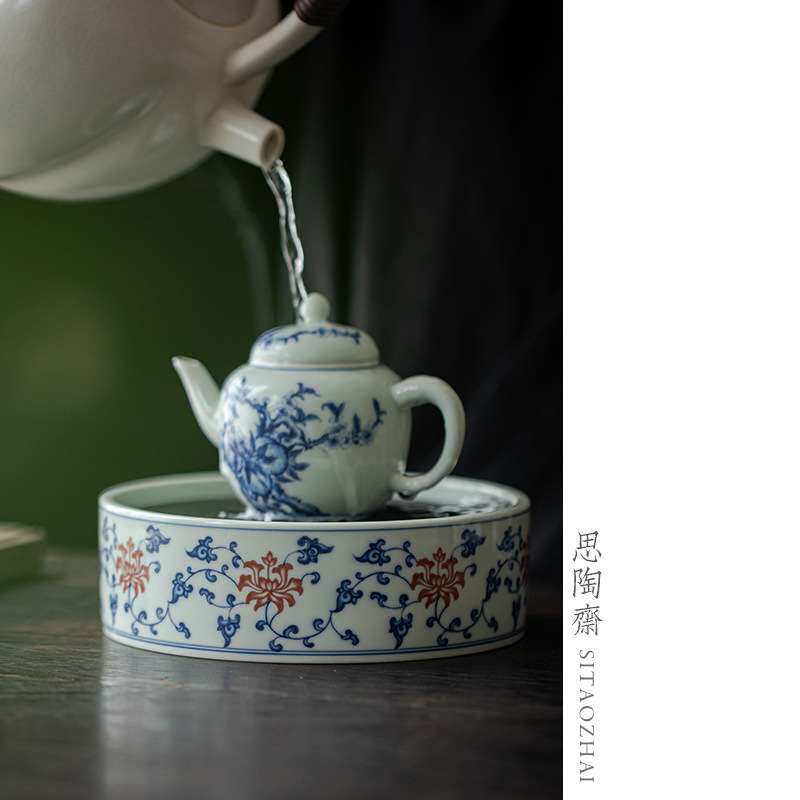 仿古青花壶承干泡盘釉里红高端储水养壶垫茶承壶托盖碗底茶具配件