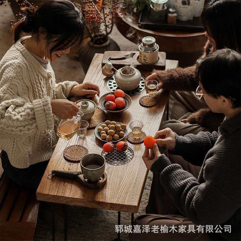 夏季户外野餐烧烤桌实木围炉煮茶桌老榆木折叠火锅桌吧台桌长条桌
