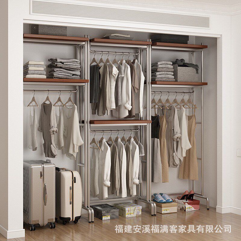 开放式衣柜北欧铁艺loft步入式衣架落地卧室衣橱金属衣帽间置物架