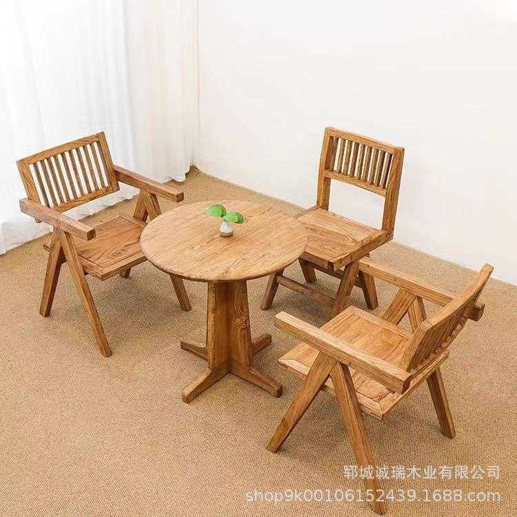 餐厅实木圆形饭桌咖啡厅休闲餐桌椅老榆木靠背椅子小圆桌家具组合