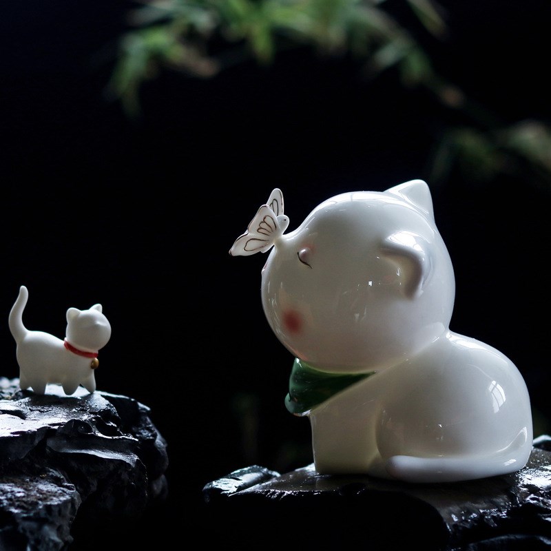 陶瓷猫茶宠摆件家居客厅茶桌面小猫咪装饰品可爱卡通动物工艺品
