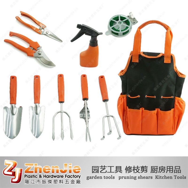 现货高品质新款袋装不锈钢十件套园艺工具套装花园用具铲耙锹剪