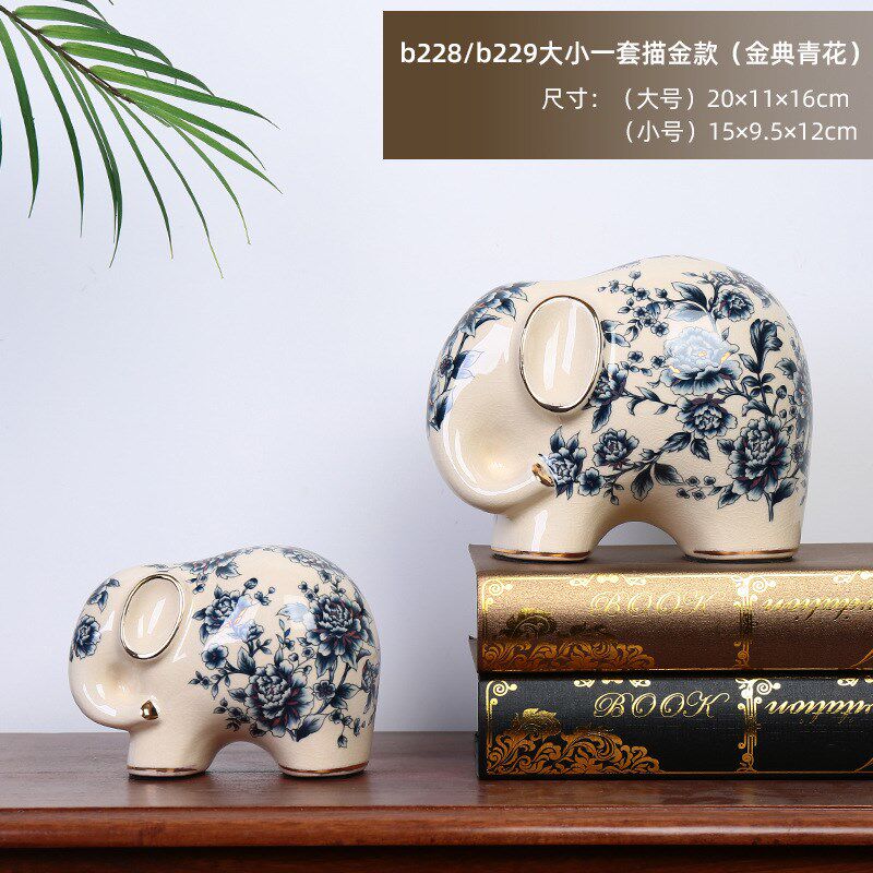 描金青花冰裂纹大象陶瓷摆件美式复古创意小象家居装饰品客厅工艺