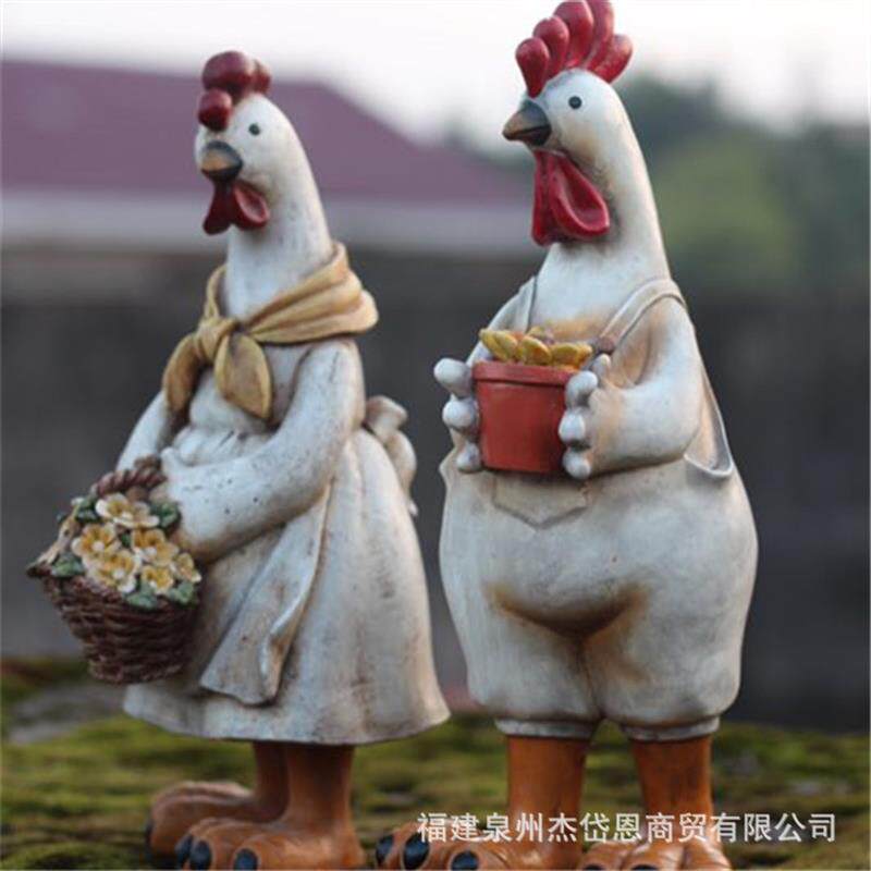 外贸跨境庭院田园复古情侣鸡树脂工艺品花园店铺阳台装饰品摆设