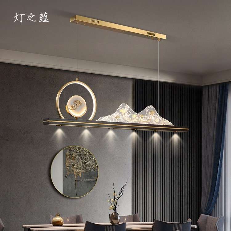 新中式茶室吊灯中国风一字长条吧台前台全铜灯禅意书房餐厅主灯具图片