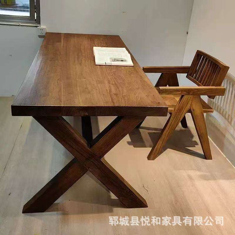 新中式老榆木餐桌椅组合实木酒馆复古长条桌民宿做旧喝茶桌学习桌