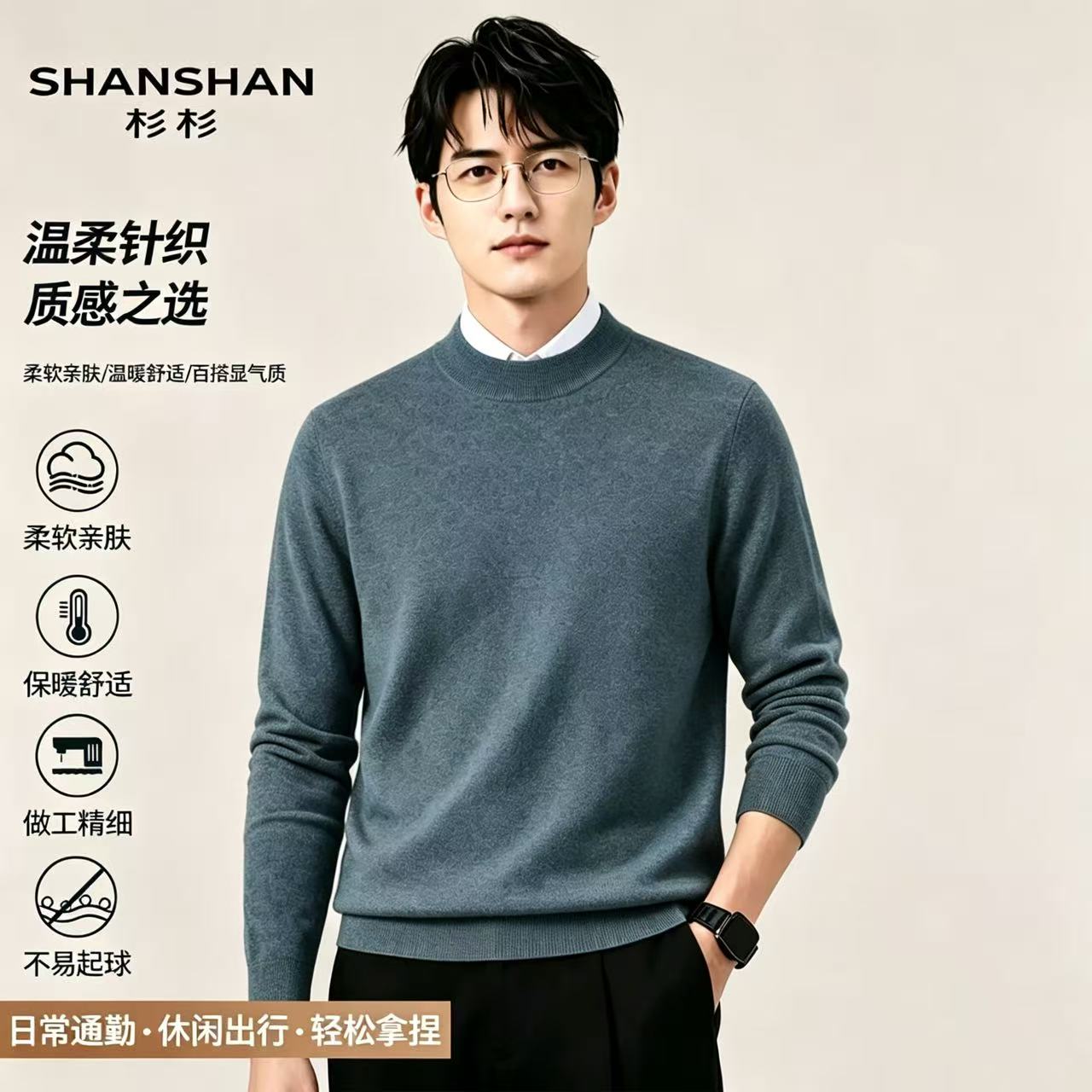Shanshan杉杉秋冬新款高端保暖针织百搭男式套头毛衣打底羊毛衫