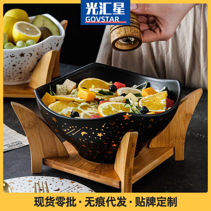 北欧简约陶瓷木架多用沙拉汤面碗