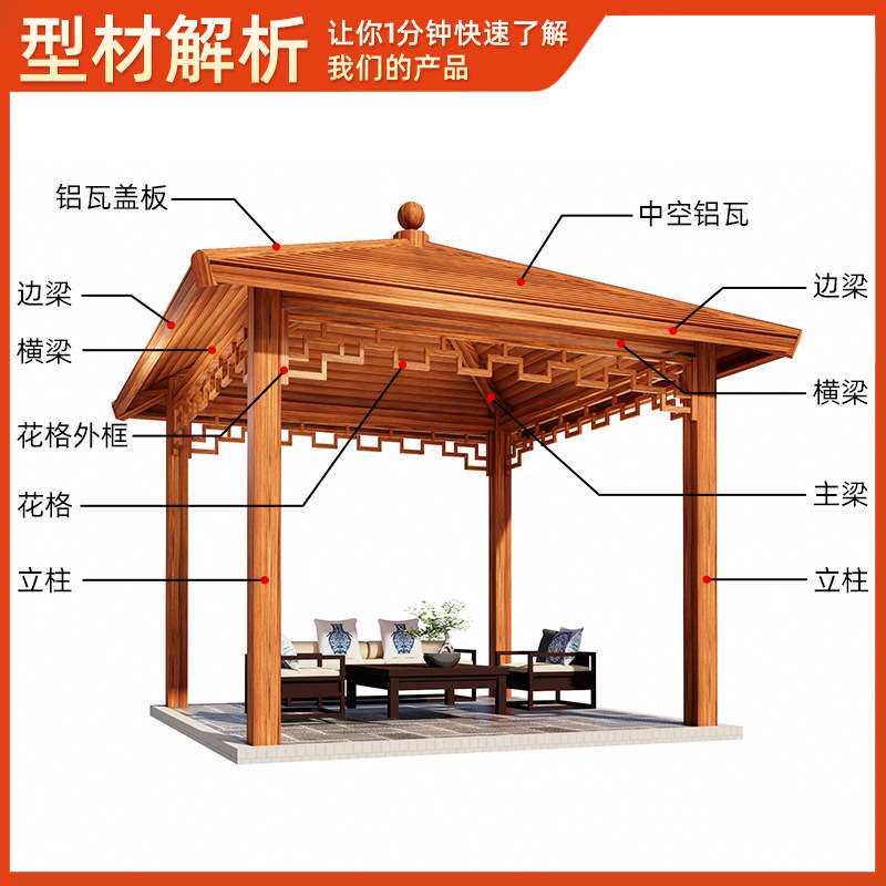 铝合金四角休闲凉亭小区园区公共休息廊亭物业绿化配套景观亭子