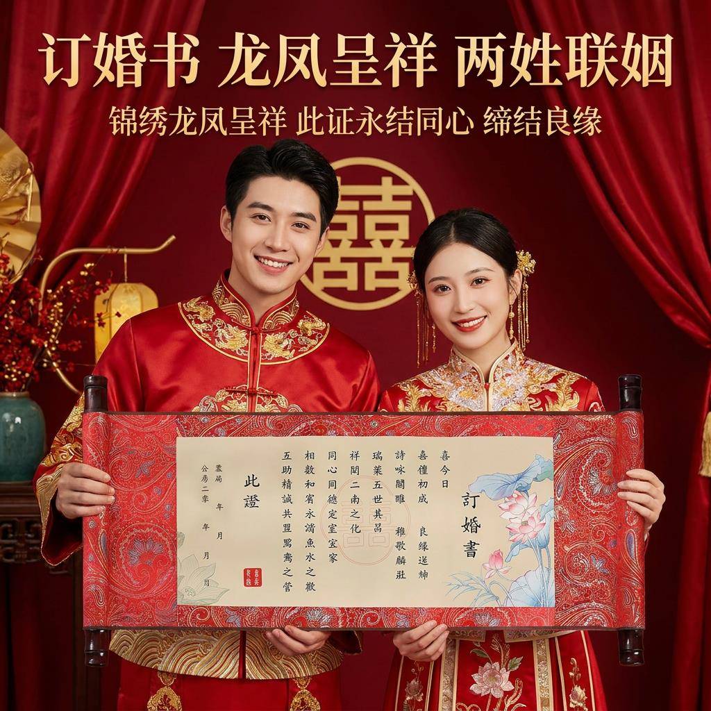 订婚书手写婚书结婚宴聘书卷轴高级感新中式高档送日子书婚庆用品