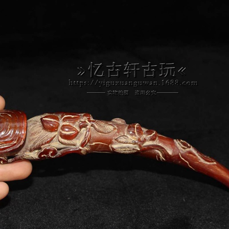 古玩杂项 g收藏 仿古老旧 牛角雕工如意画 收藏品