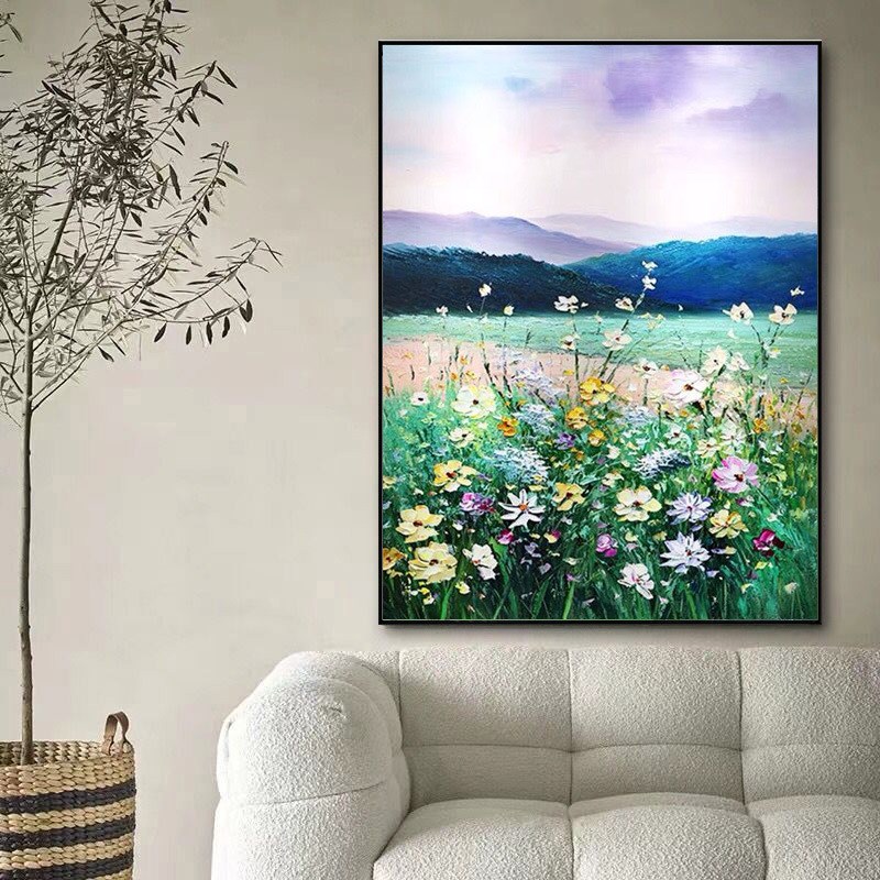 纯手绘风景油画客l厅玄关壁画竖版大幅有框成品鲜花小清新北欧挂