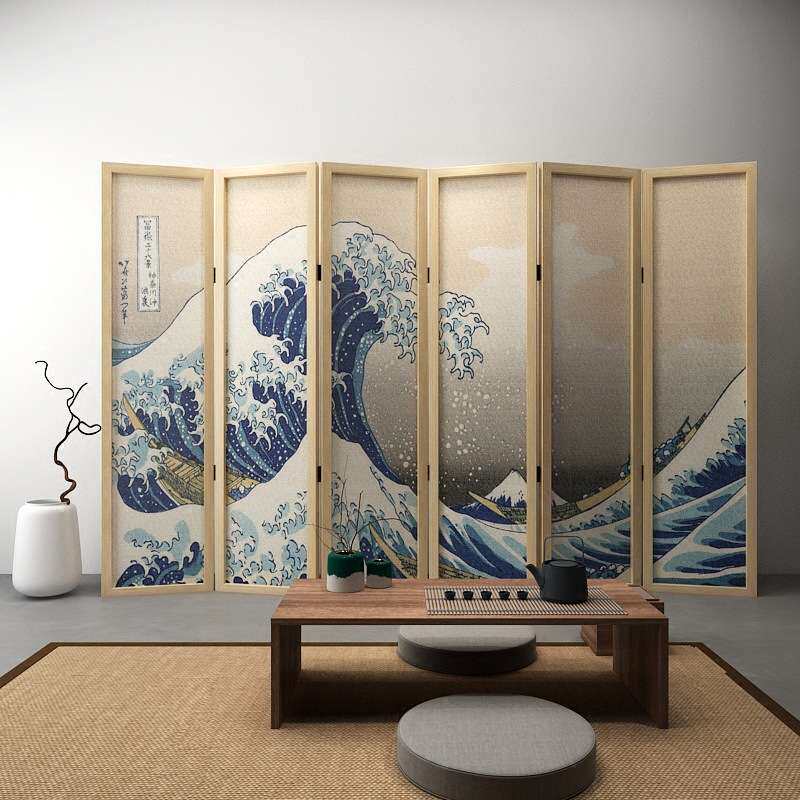 日式屏风隔断时尚客厅酒店办公实木折叠简约海浪布艺半透移动折屏