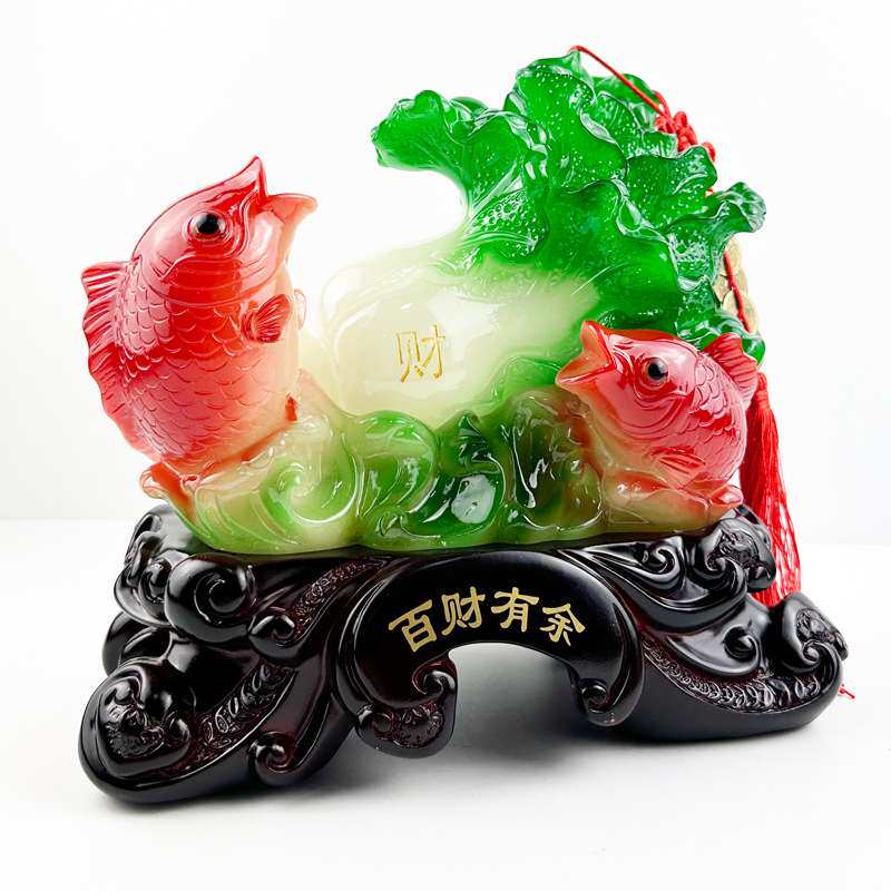 树脂厂家百财有余鲤鱼白菜摆件中式招财客厅办公桌背景玄关装饰